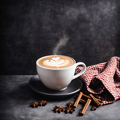 JPG 편집이미지 커피 사람없음 연기 커피잔 천 라떼아트 시나몬 시나몬스틱 팔각회향 차이티라떼 차이티 편집실사 AI포토 AI콘텐츠 음료 잔 차_음료 직물 향신료 CG 그림 라떼 파일형식