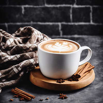 JPG 편집이미지 커피 사람없음 커피잔 천 나무받침 라떼아트 시나몬 시나몬스틱 팔각회향 차이티라떼 차이티 편집실사 AI포토 AI콘텐츠 음료 잔 목재 차_음료 직물 받침대 향신료 CG 그림 라떼 파일형식