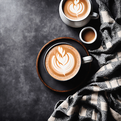 JPG 편집이미지 커피 사람없음 하이앵글 커피잔 천 라떼아트 차이티라떼 차이티 편집실사 AI포토 AI콘텐츠 음료 뷰포인트 잔 차_음료 직물 CG 그림 라떼 파일형식