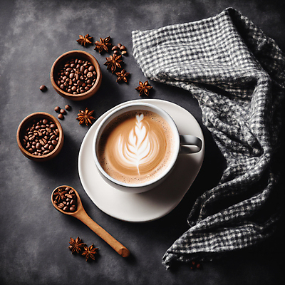 JPG 편집이미지 커피 사람없음 하이앵글 원두 커피잔 천 나무숟가락 라떼아트 시나몬 팔각회향 차이티라떼 차이티 편집실사 AI포토 AI콘텐츠 음료 뷰포인트 잔 차_음료 숟가락 직물 향신료 CG 그림 라떼 파일형식