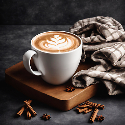 JPG 편집이미지 커피 사람없음 커피잔 천 나무받침 라떼아트 시나몬 시나몬스틱 팔각회향 차이티라떼 차이티 편집실사 AI포토 AI콘텐츠 음료 잔 목재 차_음료 직물 받침대 향신료 CG 그림 라떼 파일형식