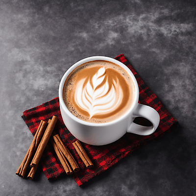 JPG 편집이미지 커피 사람없음 하이앵글 커피잔 천 라떼아트 시나몬 시나몬스틱 차이티라떼 차이티 편집실사 AI포토 AI콘텐츠 음료 뷰포인트 잔 차_음료 직물 CG 그림 라떼 파일형식