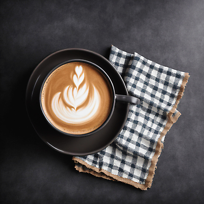 JPG 편집이미지 커피 사람없음 하이앵글 커피잔 천 라떼아트 차이티라떼 차이티 편집실사 AI포토 AI콘텐츠 음료 뷰포인트 잔 차_음료 직물 CG 그림 라떼 파일형식