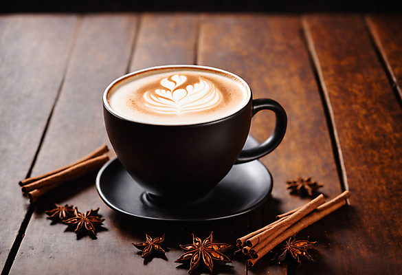 JPG 편집이미지 커피 사람없음 나뭇결 커피잔 라떼아트 시나몬 시나몬스틱 팔각회향 차이티라떼 차이티 편집실사 AI포토 AI콘텐츠 음료 잔 차_음료 향신료 CG 그림 라떼 파일형식