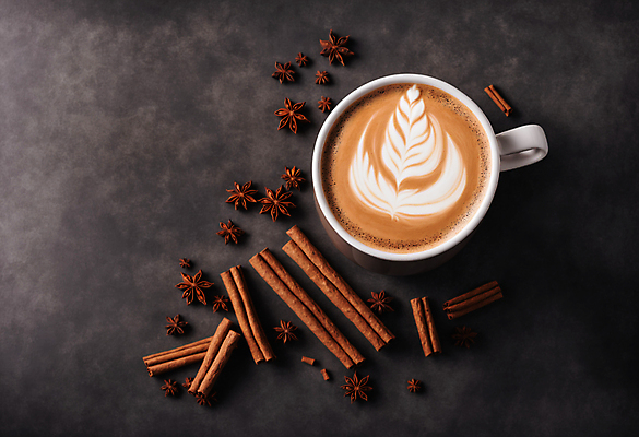 JPG 편집이미지 커피 사람없음 하이앵글 커피잔 라떼아트 시나몬 시나몬스틱 팔각회향 차이티라떼 차이티 편집실사 AI포토 AI콘텐츠 음료 뷰포인트 잔 차_음료 향신료 CG 그림 라떼 파일형식