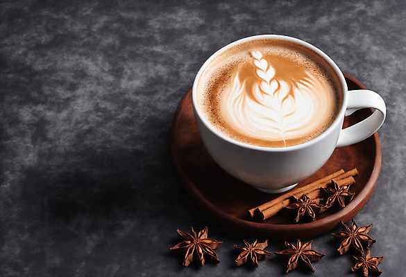 JPG 편집이미지 커피 사람없음 커피잔 나무받침 라떼아트 시나몬 시나몬스틱 팔각회향 차이티라떼 차이티 편집실사 AI포토 AI콘텐츠 음료 잔 목재 차_음료 받침대 향신료 CG 그림 라떼 파일형식