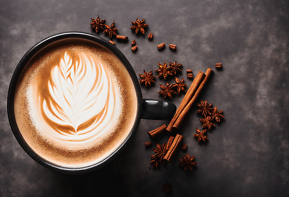 JPG 편집이미지 커피 사람없음 하이앵글 커피잔 라떼아트 시나몬 시나몬스틱 팔각회향 차이티라떼 차이티 편집실사 AI포토 AI콘텐츠 음료 뷰포인트 잔 차_음료 향신료 CG 그림 라떼 파일형식