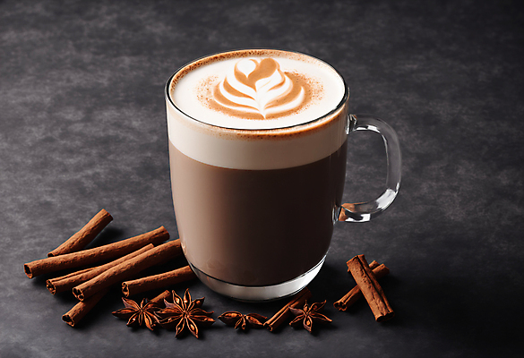 JPG 편집이미지 커피 사람없음 컵 라떼아트 시나몬 시나몬스틱 팔각회향 차이티라떼 차이티 편집실사 AI포토 AI콘텐츠 식기 음료 차_음료 향신료 CG 그림 라떼 파일형식