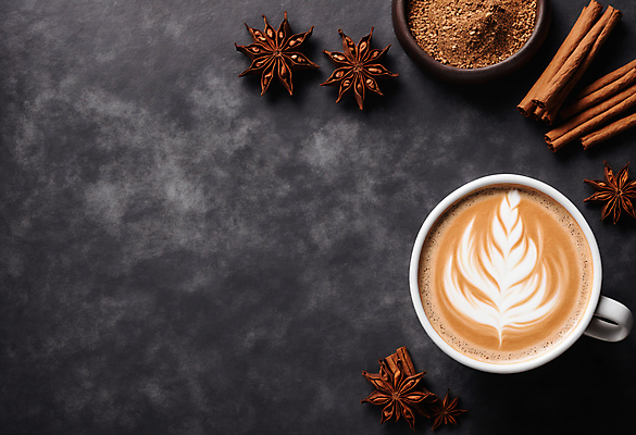 JPG 편집이미지 커피 사람없음 하이앵글 커피잔 시나몬가루 라떼아트 시나몬 시나몬스틱 카피스페이스 팔각회향 차이티라떼 차이티 편집실사 AI포토 AI콘텐츠 음료 뷰포인트 잔 차_음료 공백 가루 향신료 CG 그림 라떼 파일형식