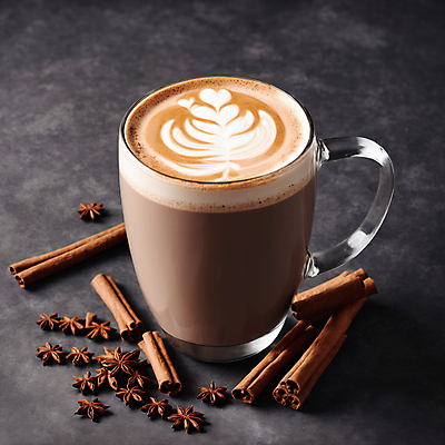 JPG 편집이미지 커피 사람없음 컵 라떼아트 시나몬 시나몬스틱 팔각회향 차이티라떼 차이티 편집실사 AI포토 AI콘텐츠 식기 음료 차_음료 향신료 CG 그림 라떼 파일형식