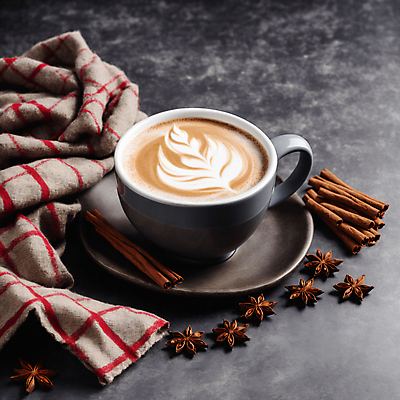 JPG 편집이미지 커피 사람없음 커피잔 천 라떼아트 시나몬 시나몬스틱 팔각회향 차이티라떼 차이티 편집실사 AI포토 AI콘텐츠 음료 잔 차_음료 직물 향신료 CG 그림 라떼 파일형식