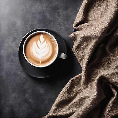 JPG 편집이미지 커피 사람없음 하이앵글 커피잔 천 라떼아트 차이티라떼 차이티 편집실사 AI포토 AI콘텐츠 음료 뷰포인트 잔 차_음료 직물 CG 그림 라떼 파일형식
