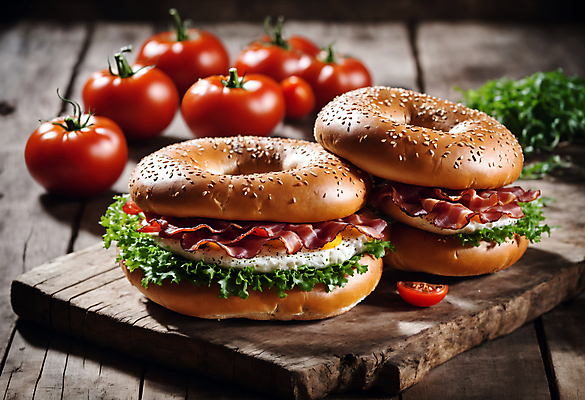 JPG 편집이미지 토마토 채소 사람없음 베이컨 베이글 나무도마 베이글샌드위치 편집실사 AI포토 AI콘텐츠 빵 도마 샌드위치 돼지고기 목재 CG 파일형식