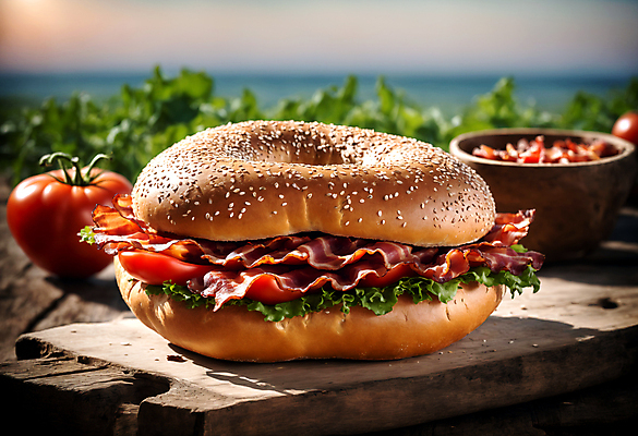 JPG 편집이미지 토마토 채소 사람없음 베이컨 베이글 나무도마 베이글샌드위치 편집실사 AI포토 AI콘텐츠 빵 도마 샌드위치 돼지고기 목재 CG 파일형식