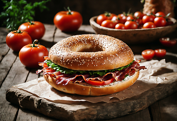 JPG 편집이미지 토마토 채소 사람없음 베이컨 베이글 나무도마 베이글샌드위치 편집실사 AI포토 AI콘텐츠 빵 도마 샌드위치 돼지고기 목재 CG 파일형식