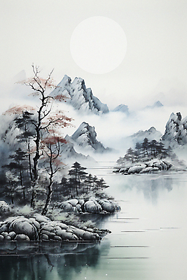 JPG 나무 일러스트 자연 붓터치 산 수묵화 풍경 사람없음 강 태양 안개 바위 번짐 국내일러스트 AI일러스트 AI콘텐츠 자연요소 식물 날씨 미술 돌_바위 생태계 파일형식 효과