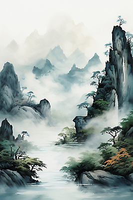 JPG 나무 일러스트 자연 붓터치 바위산 산 수묵화 풍경 사람없음 강 안개 풀 번짐 국내일러스트 AI일러스트 AI콘텐츠 식물 날씨 미술 돌산 생태계 파일형식 효과