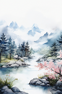 JPG 나무 일러스트 자연 단풍나무 붓터치 산 수묵화 풍경 사람없음 강 안개 바위 풀 번짐 국내일러스트 AI일러스트 AI콘텐츠 식물 단풍 날씨 미술 돌_바위 생태계 파일형식 효과