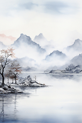 JPG 나무 일러스트 자연 붓터치 산 수묵화 풍경 사람없음 강 안개 바위 풀 번짐 국내일러스트 AI일러스트 AI콘텐츠 식물 날씨 미술 돌_바위 생태계 파일형식 효과