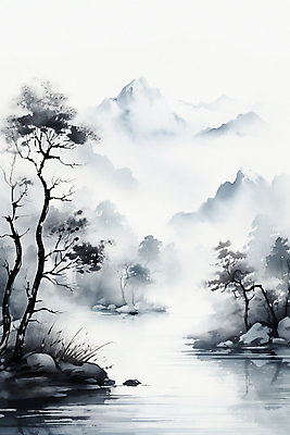 JPG 나무 일러스트 자연 붓터치 산 수묵화 풍경 사람없음 강 바위 풀 연기 번짐 국내일러스트 AI일러스트 AI콘텐츠 식물 미술 돌_바위 생태계 파일형식 효과