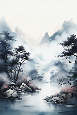 JPG 나무 일러스트 자연 붓터치 산 수묵화 풍경 사람없음 강 안개 바위 풀 번짐 국내일러스트 AI일러스트 AI콘텐츠 식물 날씨 미술 돌_바위 생태계 파일형식 효과