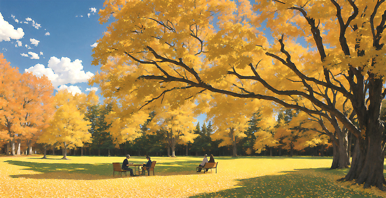 JPG 전신 나무 구름 공원 여자 남자 벤치 일러스트 탁자 하늘 앉기 풍경 잔디 여러명 성인 소풍 노란색 가을풍경 맑음 가을 그늘 은행나무 감성 유화 성인만 국내일러스트 AI일러스트 AI콘텐츠 자연요소 식물 계절 공공시설 컬러 가구 다수 컨셉 의자 모션 날씨 미술 사람 야외활동 파일형식 가을_계절