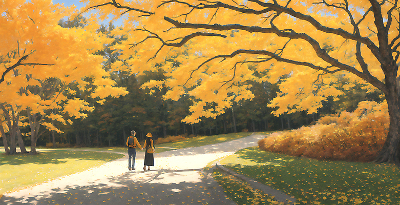 JPG 전신 나무 커플 여자 남자 일러스트 풍경 잔디 성인 두명 노란색 걷기 가을풍경 손잡기 산책로 가을 그늘 오솔길 등산객 은행나무 감성 수목원 유화 성인만 국내일러스트 AI일러스트 AI콘텐츠 식물 계절 길 컬러 컨셉 관계 모션 미술 사람 등산 파일형식 가을_계절