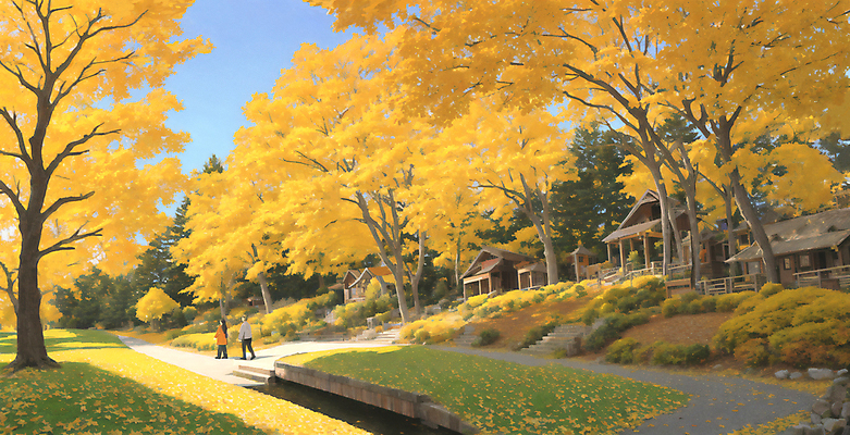 JPG 전신 나무 여자 남자 일러스트 풍경 잔디 성인 두명 건물 노란색 걷기 가을풍경 산책로 가을 그늘 오솔길 산장 은행나무 감성 수목원 유화 성인만 국내일러스트 AI일러스트 AI콘텐츠 식물 건축물 계절 길 컬러 컨셉 모션 미술 사람 파일형식 가을_계절