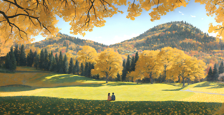 JPG 전신 구름 커플 여자 남자 일러스트 하늘 산 앉기 풍경 잔디 성인 두명 노란색 가을풍경 가을 그늘 은행나무 감성 유화 성인만 국내일러스트 AI일러스트 AI콘텐츠 자연요소 나무 식물 계절 컬러 컨셉 관계 모션 미술 사람 파일형식 가을_계절