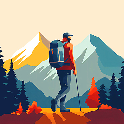 JPG 전신 나무 모자 남자 스포츠 일러스트 배낭 하늘 산 한명 풍경 성인 레포츠 운동 등산 가을 잡기 등산객 등산스틱 성인남자한명만 국내일러스트 AI일러스트 AI콘텐츠 식물 1 잡화 계절 가방 모션 레저 건강 사람 트래킹 등산용품 남자한명만 성인남자만 파일형식