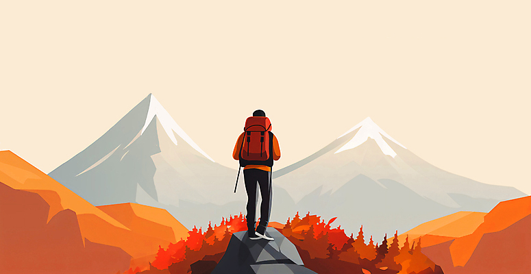 JPG 전신 나무 남자 스포츠 단풍 일러스트 배낭 하늘 산 한명 서기 풍경 성인 레포츠 운동복 운동 주황색 등산 가을 바위 정상 성인남자한명만 국내일러스트 AI일러스트 AI콘텐츠 식물 1 옷 계절 컬러 잎 가방 모션 레저 건강 사람 트래킹 돌_바위 남자한명만 성인남자만 파일형식