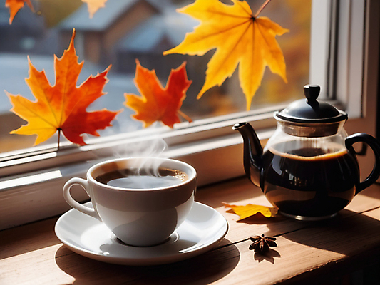 JPG 편집이미지 단풍 한잔 풍경 사람없음 가을 연기 커피잔 커피포트 컵받침 창가 창틀 팔각회향 편집실사 AI포토 AI콘텐츠 1 계절 커피 잎 창문 주전자 잔 받침대 향신료 CG 파일형식