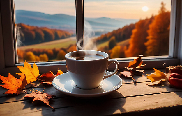 JPG 편집이미지 단풍 낙엽 풍경 사람없음 가을 연기 커피잔 컵받침 창가 창틀 편집실사 AI포토 AI콘텐츠 계절 커피 잎 창문 잔 받침대 CG 파일형식