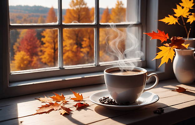 JPG 편집이미지 단풍 낙엽 풍경 사람없음 원두 가을 연기 커피잔 컵받침 창가 창틀 편집실사 AI포토 AI콘텐츠 계절 커피 잎 창문 잔 받침대 CG 파일형식