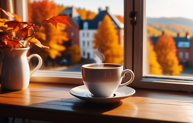 JPG 편집이미지 단풍 풍경 사람없음 가을 연기 커피잔 컵받침 창가 창틀 편집실사 AI포토 AI콘텐츠 계절 커피 잎 창문 잔 받침대 CG 파일형식
