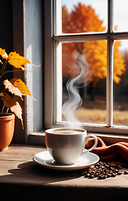 JPG 편집이미지 화분 단풍 나뭇잎 풍경 사람없음 원두 가을 연기 커피잔 컵받침 창가 창틀 편집실사 AI포토 AI콘텐츠 계절 커피 잎 창문 잔 받침대 CG 파일형식