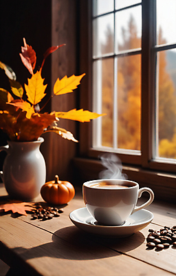 JPG 편집이미지 화분 단풍 낙엽 호박 나뭇잎 풍경 사람없음 원두 가을 연기 커피잔 컵받침 창가 창틀 편집실사 AI포토 AI콘텐츠 계절 커피 잎 채소 창문 잔 받침대 CG 파일형식