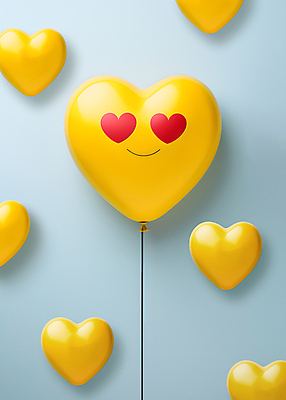 JPG 편집이미지 감정 하늘색 표정 사람없음 노란색 하트 디지털합성 하트풍선 풍선 편집소스 이모지 편집실사 AI포토 AI콘텐츠 모양 컬러 파란색 CG 파일형식