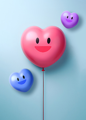 JPG 편집이미지 분홍색 하늘색 웃음 사람없음 기쁨 디지털합성 하트풍선 풍선 편집소스 이모지 편집실사 AI포토 AI콘텐츠 감정 컬러 표정 파란색 하트 CG 파일형식