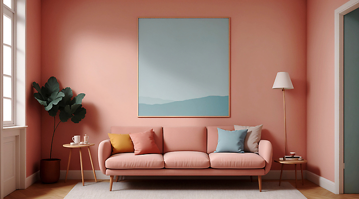 JPG 편집이미지 화분 분홍색 액자 쿠션 창문 탁자 실내 사람없음 인테리어 소파 카펫 공간 스탠드 디지털합성 파스텔톤 미니멀 편집실사 AI포토 AI콘텐츠 디자인 컬러 가구 의자 조명 내부 CG 파일형식