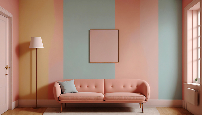 JPG 편집이미지 분홍색 액자 쿠션 창문 실내 사람없음 인테리어 소파 문 카펫 공간 스탠드 디지털합성 파스텔톤 미니멀 편집실사 AI포토 AI콘텐츠 디자인 컬러 의자 조명 내부 CG 파일형식