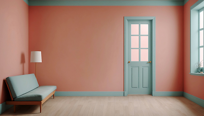 JPG 편집이미지 분홍색 하늘색 창문 실내 사람없음 인테리어 소파 문 공간 스탠드 디지털합성 파스텔톤 미니멀 편집실사 AI포토 AI콘텐츠 디자인 컬러 의자 조명 내부 파란색 CG 파일형식