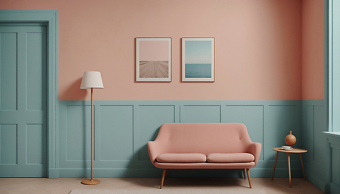 JPG 편집이미지 분홍색 액자 탁자 실내 사람없음 인테리어 소파 문 공간 스탠드 디지털합성 파스텔톤 미니멀 편집실사 AI포토 AI콘텐츠 디자인 컬러 가구 의자 조명 내부 CG 파일형식