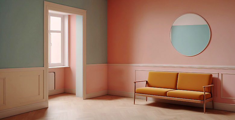 JPG 편집이미지 분홍색 액자 창문 실내 사람없음 인테리어 소파 문 공간 디지털합성 파스텔톤 미니멀 편집실사 AI포토 AI콘텐츠 디자인 컬러 의자 내부 CG 파일형식