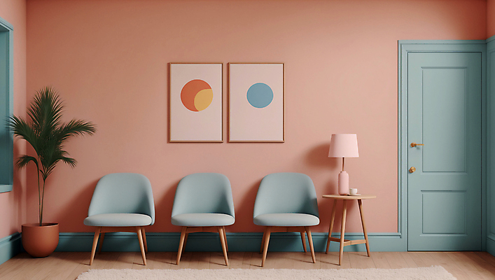 JPG 편집이미지 화분 분홍색 액자 탁자 실내 사람없음 인테리어 소파 문 카펫 공간 스탠드 디지털합성 파스텔톤 미니멀 편집실사 AI포토 AI콘텐츠 디자인 컬러 가구 의자 조명 내부 CG 파일형식