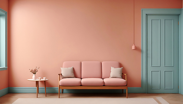 JPG 편집이미지 화분 분홍색 쿠션 탁자 실내 사람없음 인테리어 소파 문 공간 디지털합성 파스텔톤 미니멀 편집실사 AI포토 AI콘텐츠 디자인 컬러 가구 의자 내부 CG 파일형식