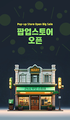 PSD 편집이미지 사람없음 건물 초록색 상점 오픈 마트 24시간 빅세일 오프라인 무인매장 팝업스토어 이미지편집 건축물 컬러 세일 시간 파일형식