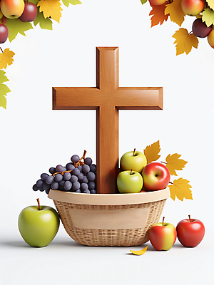 JPG 편집이미지 십자가 단풍 포도 나뭇잎 사람없음 3D 바구니 가을 사과 청사과 추수감사절 편집3D AI컴퓨터그래픽 AI콘텐츠 계절 기독교 잎 과일 디지털합성 파일형식