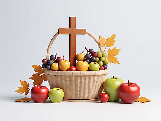 JPG 편집이미지 십자가 단풍 포도 나뭇잎 사람없음 3D 바구니 가을 배 사과 오브젝트 청사과 추수감사절 편집3D AI컴퓨터그래픽 AI콘텐츠 계절 기독교 잎 과일 디지털합성 파일형식