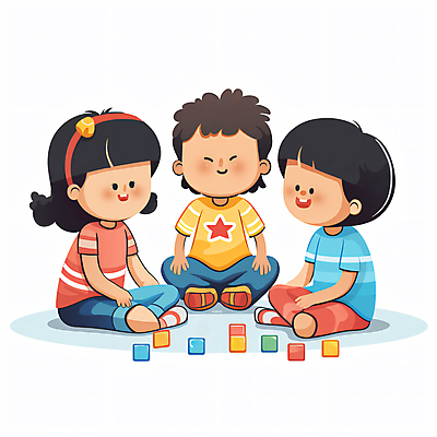 JPG 전신 여자 남자 어린이 일러스트 놀이 함께함 소녀 소년 세명 블록 유치원 유치원생 가부좌 블록쌓기 어린이만 국내일러스트 AI일러스트 AI콘텐츠 교육 컨셉 사람 앉기 쌓기 파일형식